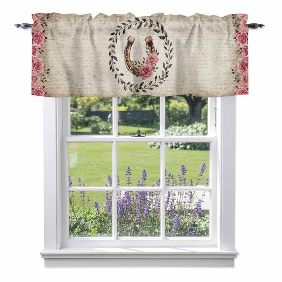 Farmhouses Horseshoes Valances for Windows Roses Leaves Retro Vintage Paper Rod Pocket Cafe Window Treatments Valance Curtains for Kitchen Bathroom Laundry Basement Windows 60"x18"