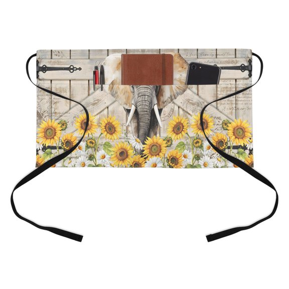 Farmhouses Kitchen Restaurant Half Waist Apron, Elephants And Sunflowers Vintage Letter Background Server Short Apron with 3 Pockets Waterproof Oil Waist Aprons for Women Waitress Waiter