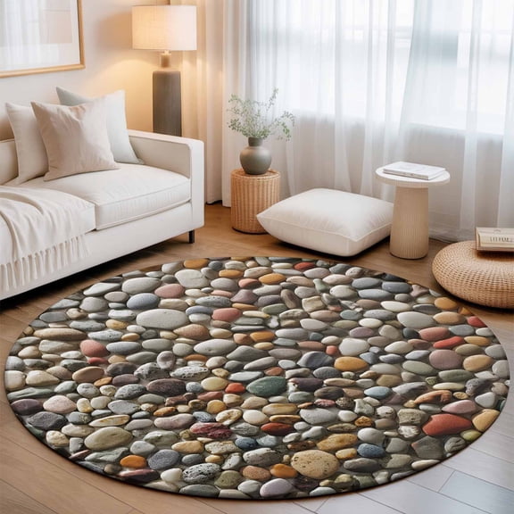 Farmhouses Stones Round Rug 5ft Abstract Cobblestones Pattern Washable Area Rugs for Living Room Bedroom Entryway Non Slip Entrance Door Mat Indoor Floor Carpet