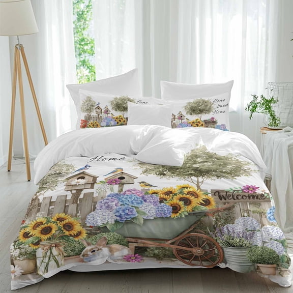Farmhouses Sunflower Embroidered Rabbit Queen Size Bed Set,Spring Floral Bedding for All Seasons,4 Pcs Bed Set,1 Quiltcover(90"x92"),1 Sheet(94"x116"),2 Pillowcases(30"x20")