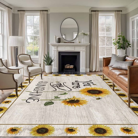 Farmhouses Sunflowers 8'x10' Large Area Rug for Living Room Sectional Sofa, You Are My Sunshine Floral Wood Plank Non Slip Low Pile Rectangle Area Rug, Machine Washable Indoor Outdoor Mat