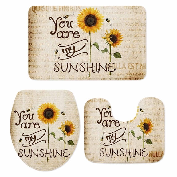 Farmhouses Sunflowers Bathroom Rugs Set You Are My Sunshine Letter Background Non Slip Absorbent Soft Bath Mats 3 Piece Set with Bathroom Rug, U-Shaped Floor Mat, Toilet Seat Cover Small Size