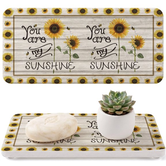 Farmhouses Sunflowers Diatomaceous Earth Coasters, You Are My Sunshine Floral Wood Plank Water Absorbent Diatomite Coaster, Bathroom Tray Stone Dish Drying Mat Kitchen Sink Tray 8.3x4in