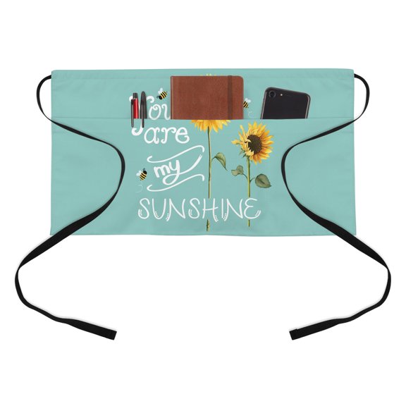 Farmhouses Sunflowers Half Waist Apron You Are My Sunshine Teal Background Short Waiter Aprons with 3 Pockets for Women Men Kitchen Restaurant Cooking