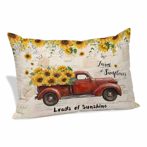 Farmhouses Sunflowers Throw Pillow Covers Retro Floral Leaves Red Truck Vintage Decorative Lumbar Pillow Cover Rectangle Cushion Case for Sofa Couch Bed Living Room Bedroom 24 X 36 Inches