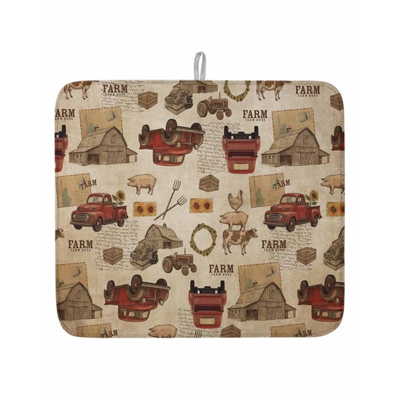 Farmhouses Trucks Cows Cock Dish Drying Mats for Kitchen Counter,Absorbent Microfiber Dish Drainer Rack Mat Animal on Retro Paper Drying Pad for Sinks,Utensils,Countertops,16x18in