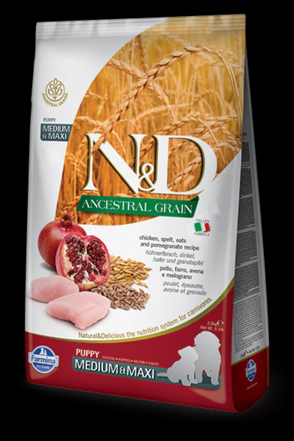 Farmina Pet Foods Farmina N D Natural and Delicious Ancestral Grain Medium and Maxi Puppy Chicken and Pomegranate Dry Dog Food 26.5 lb Walmart Business Supplies