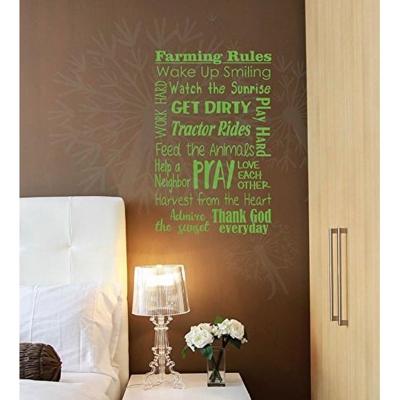 Farming Rules Subway Vinyl Letters Wall Decals Sticker Quotes, 23x15-inch, Lime Green