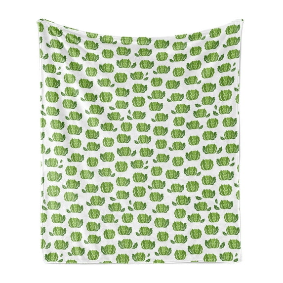 Farming Soft Flannel Fleece Blanket, Cabbage Lettuce Garden Fresh Salad Organic Healthy Eating Food Vegan Graphic, Cozy Plush for Indoor and Outdoor Use, 70" x 90", Fern Green White, by Ambesonne