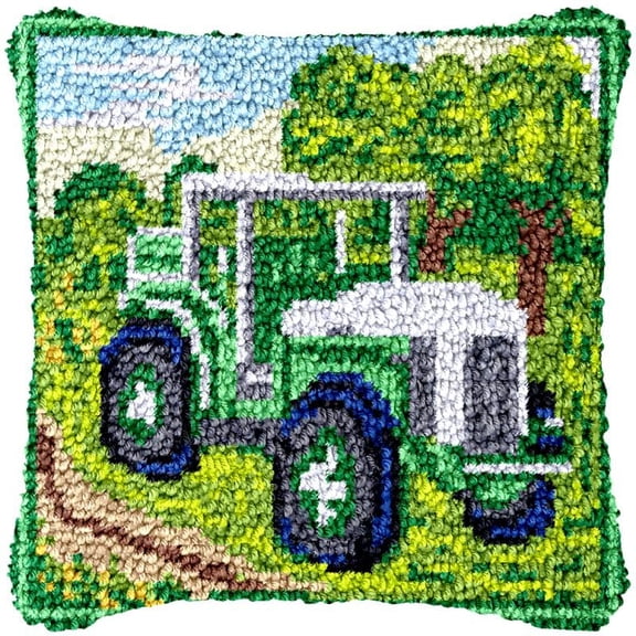 Farming Tractor Latch Hook Pillow Cover Kits for DIY Handmade Throw Pillow Cross Stitch Latch Hook Pillowcase Rug Kits with Preprinted Color Pattern Canvas Crochet Yarn Kits 17''X 17''(fv49)