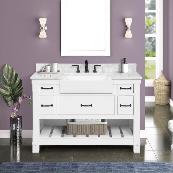 Farmington 48" Single Bathroom Vanity, 49Wx22Dx34.5H, Carrara Marble Top with 24" Wide Apron-Front Sink & Backsplash, Dove White Solid Wood Cabinet, Pre-Assembled, Soft-Closing Drawers, Open Shelf