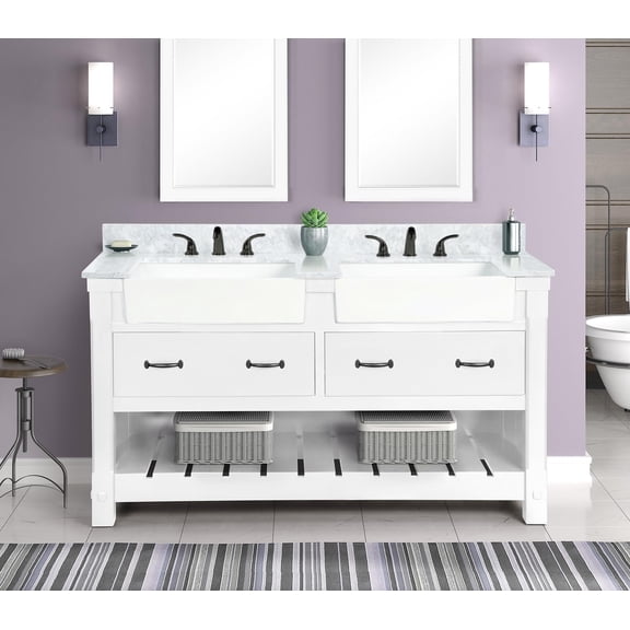 Farmington 48" Single Bathroom Vanity, 49Wx22Dx34.5H, Carrara Marble Top with 24" Wide Apron-Front Sink & Backsplash, Navy Blue Solid Wood Cabinet, Pre-Assembled, Soft-Closing Drawers, Open Shelf