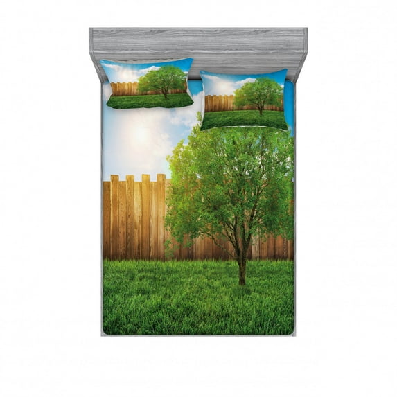 Farmland Bedding Set with Sheet & Covers, Tree of Life in Backyard of a Countryhouse with Sun Tranquil Field Design Art, Printed Bedroom Decor 2 Shams, 4 Sizes, Green Blue, by Ambesonne