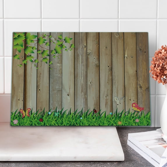 Farmland Cutting Board, Fresh Spring Season Jardin with Butterflies and Ladybugs in Park Scene Art, Decorative Tempered Glass Cutting and Serving Board, Large Size, Multicolor, by Ambesonne