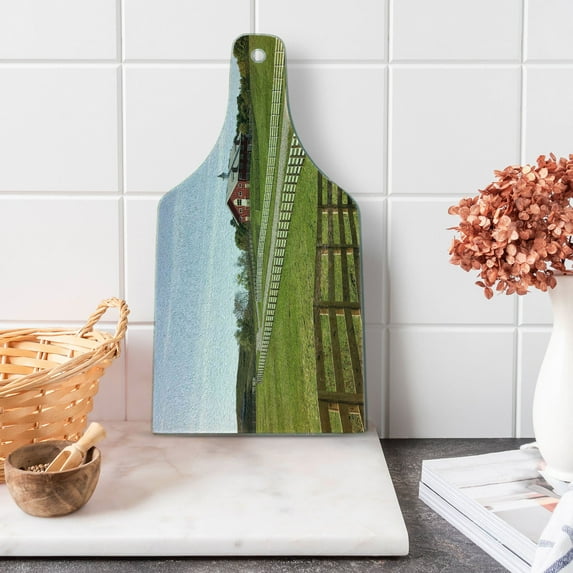 Farmland Cutting Board, Long Photo of Flowing Fence of Country House in Rural Grassland Ranch Pastoral, Tempered Glass Cutting and Serving Board, Wine Bottle Shape, Multicolor, by Ambesonne