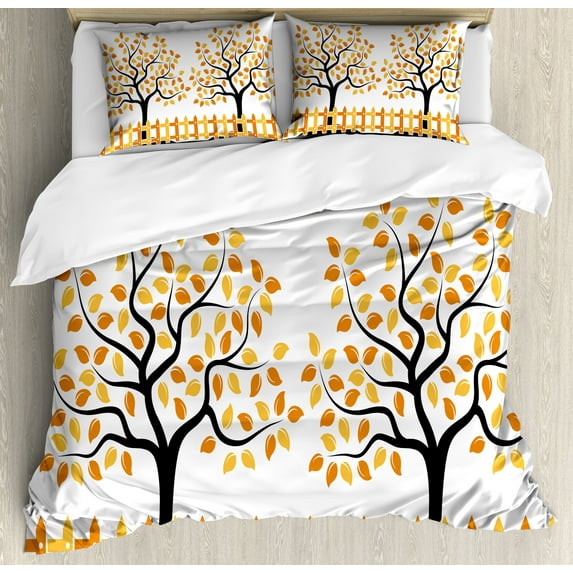 Farmland Duvet Cover Set, Border with Shady Deciduous Autumn Trees Growth Leaf Seasonal Background Art, Decorative 3 Piece Bedding Set with 2 Pillow Shams, Queen Size, Orange Black, by Ambesonne