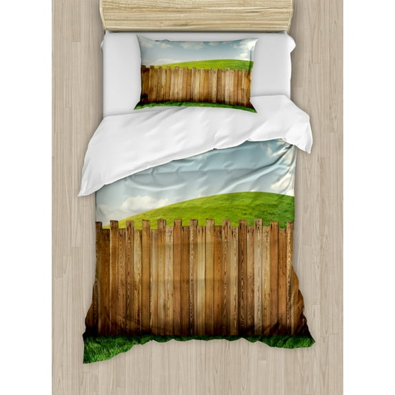 Farmland Duvet Cover Set Twin Size, Wooden Garden Fence on Grassland Pastoral Environment with Cloudy Sky Design, Decorative 2 Piece Bedding Set with 1 Pillow Sham, Green Brown, by Ambesonne