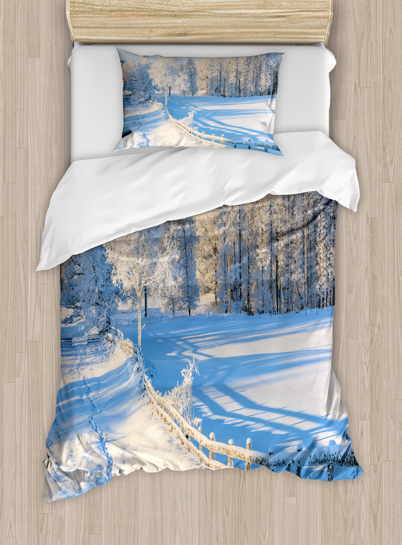Twin White and Blue Winter Landscape Duvet Cover Set