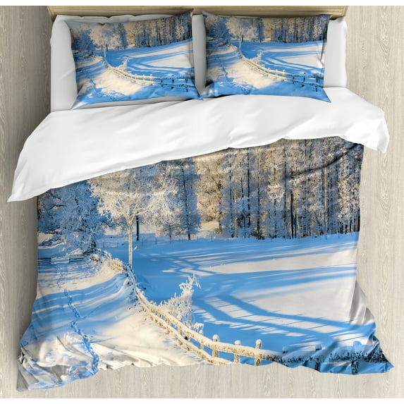 Farmland Duvet Cover Set, Winter Snow Valley with Oak Borders Pines Frozen Pastoral High Cold Lands Art, Decorative 3 Piece Bedding Set with 2 Pillow Shams, King Size, White Blue, by Ambesonne