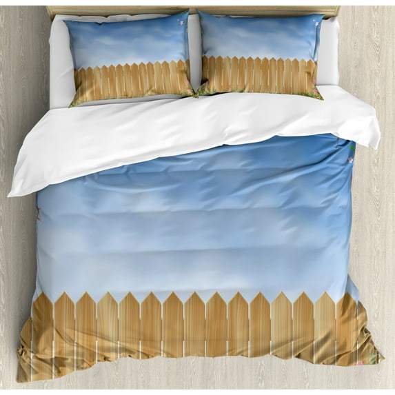 Farmland Duvet Cover Set, Wooden Garden Plank with Swirled Spring Season Bloom up Tranquil Serene Landscape, Decorative 3 Piece Bedding Set with 2 Pillow Shams, King Size, Blue Brown, by Ambesonne
