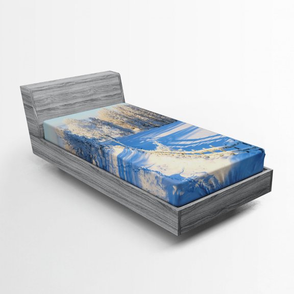 Ambesonne Farm House Fitted Sheet, Winter Snowy Pines, Twin Size, White Blue