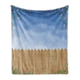 thumbnail image 1 of Farmland Soft Flannel Fleece Blanket, Wooden Garden Plank with Swirled Spring Season Bloom up Tranquil Serene Landscape, Cozy Plush for Indoor and Outdoor Use, 50" x 60", Blue Brown, by Ambesonne, 1 of 5