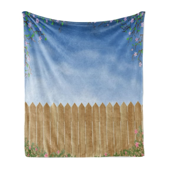 Farmland Soft Flannel Fleece Blanket, Wooden Garden Plank with Swirled Spring Season Bloom up Tranquil Serene Landscape, Cozy Plush for Indoor and Outdoor Use, 50" x 60", Blue Brown, by Ambesonne