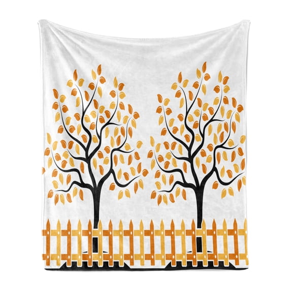 Farmland Soft Flannel Fleece Throw Blanket, Border with Shady Deciduous Autumn Trees Growth Leaf Seasonal Background Art, Cozy Plush for Indoor and Outdoor Use, 50" x 60", Orange Black, by Ambesonne