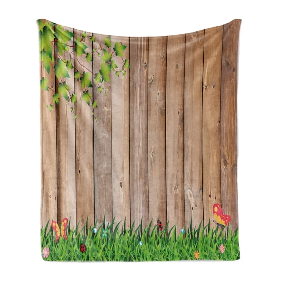 Farmland Soft Flannel Fleece Throw Blanket, Fresh Spring Season Jardin with Butterflies and Ladybugs in Park Scene Artwork, Cozy Plush for Indoor and Outdoor Use, 60" x 80", Multicolor, by Ambesonne