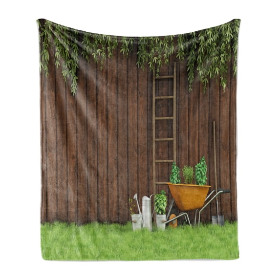 Farmland Soft Flannel Fleece Throw Blanket, Gardening Material Tools on the Backyard with Shovel and Bucket Design Print, Cozy Plush for Indoor and Outdoor Use, 50" x 70", Green Brown, by Ambesonne