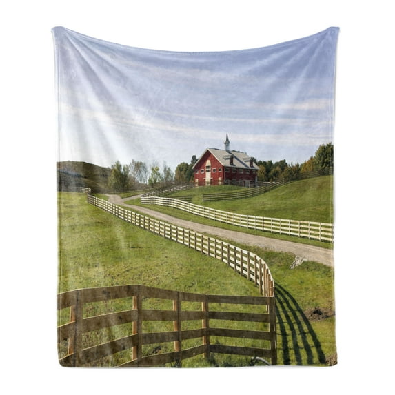 Farmland Soft Flannel Fleece Throw Blanket, Long Photo of Flowing Fence of Country House in Rural Grassland Ranch Pastoral, Cozy Plush for Indoor and Outdoor Use, 70" x 90", Multicolor, by Ambesonne