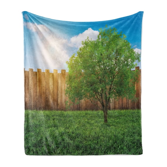 Farmland Soft Flannel Fleece Throw Blanket, Tree of Life in Backyard of a Countryhouse with Sun Tranquil Field Design Art, Cozy Plush for Indoor and Outdoor Use, 50" x 70", Green Blue, by Ambesonne