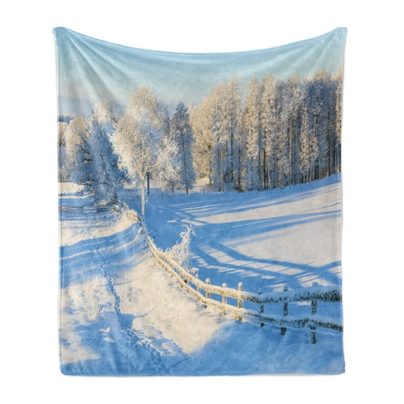 Farmland Soft Flannel Fleece Throw Blanket, Winter Snow Valley with Oak Borders Pines Frozen Pastoral High Cold Lands Art, Cozy Plush for Indoor and Outdoor Use, 50" x 60", White Blue, by Ambesonne