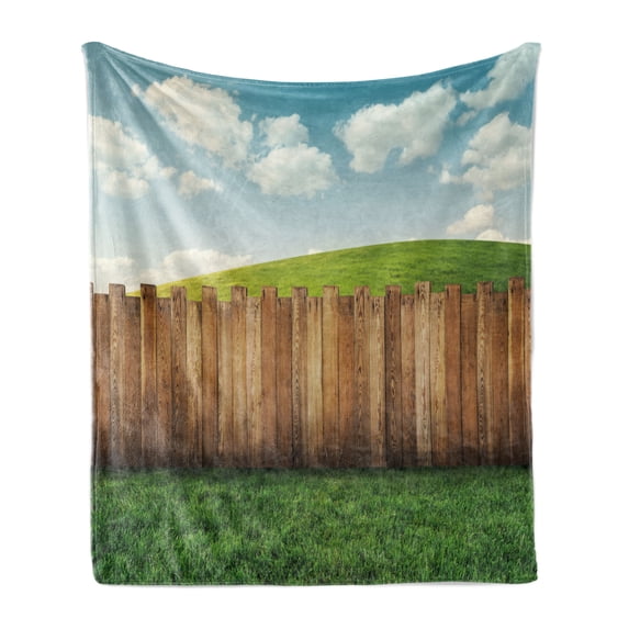 Farmland Soft Flannel Fleece Throw Blanket, Wooden Garden Fence on Grassland Pastoral Environment with Cloudy Sky Design, Cozy Plush for Indoor and Outdoor Use, 50" x 70", Green Brown, by Ambesonne