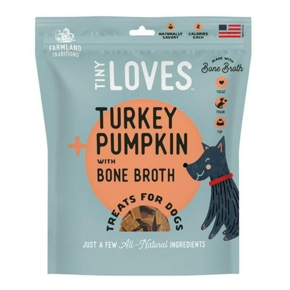 Farmland Traditions Tiny Loves Jerky Trainer Treats for Dogs w/Bone Broth (Turkey & Pumpkin, 6 oz.)
