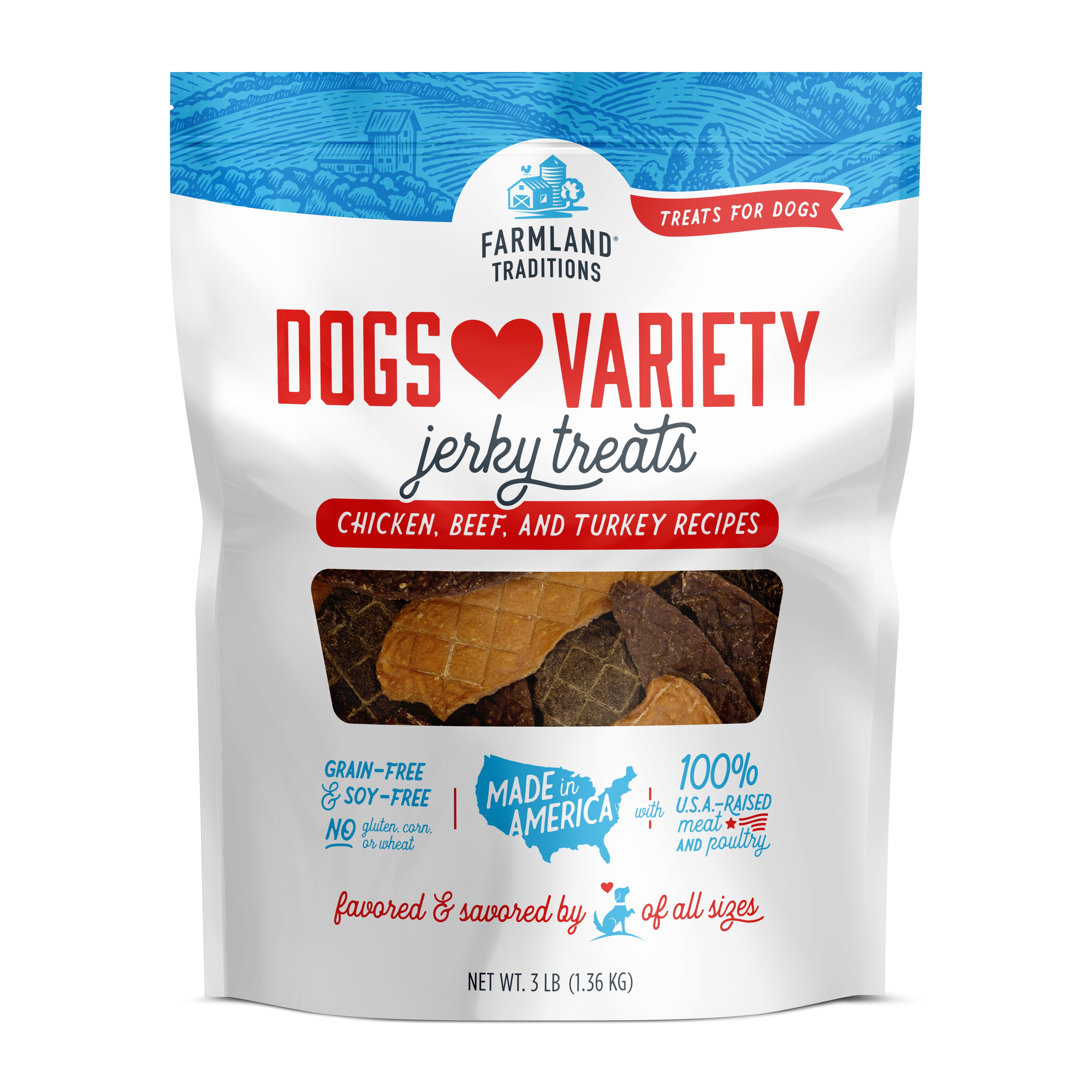 Farmland Traditions Dogs Love Jerky Dog Treats, Premium Dog Jerky Variety Pack with Chicken, Beef & Turkey, 3 Pound Bag