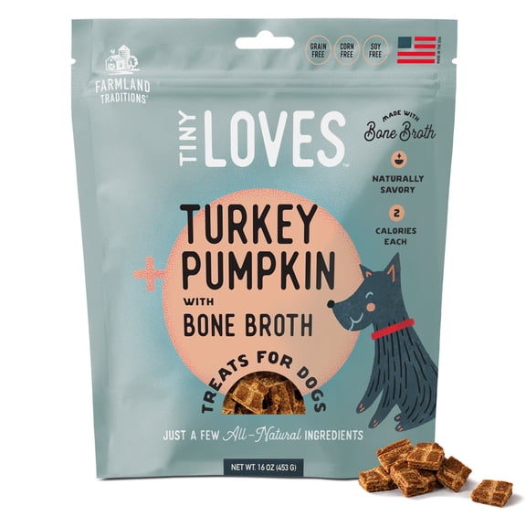 Farmland Traditions Tiny Loves Jerky Trainer Treats for Dogs w/Bone Broth (Turkey & Pumpkin, 16 oz.)