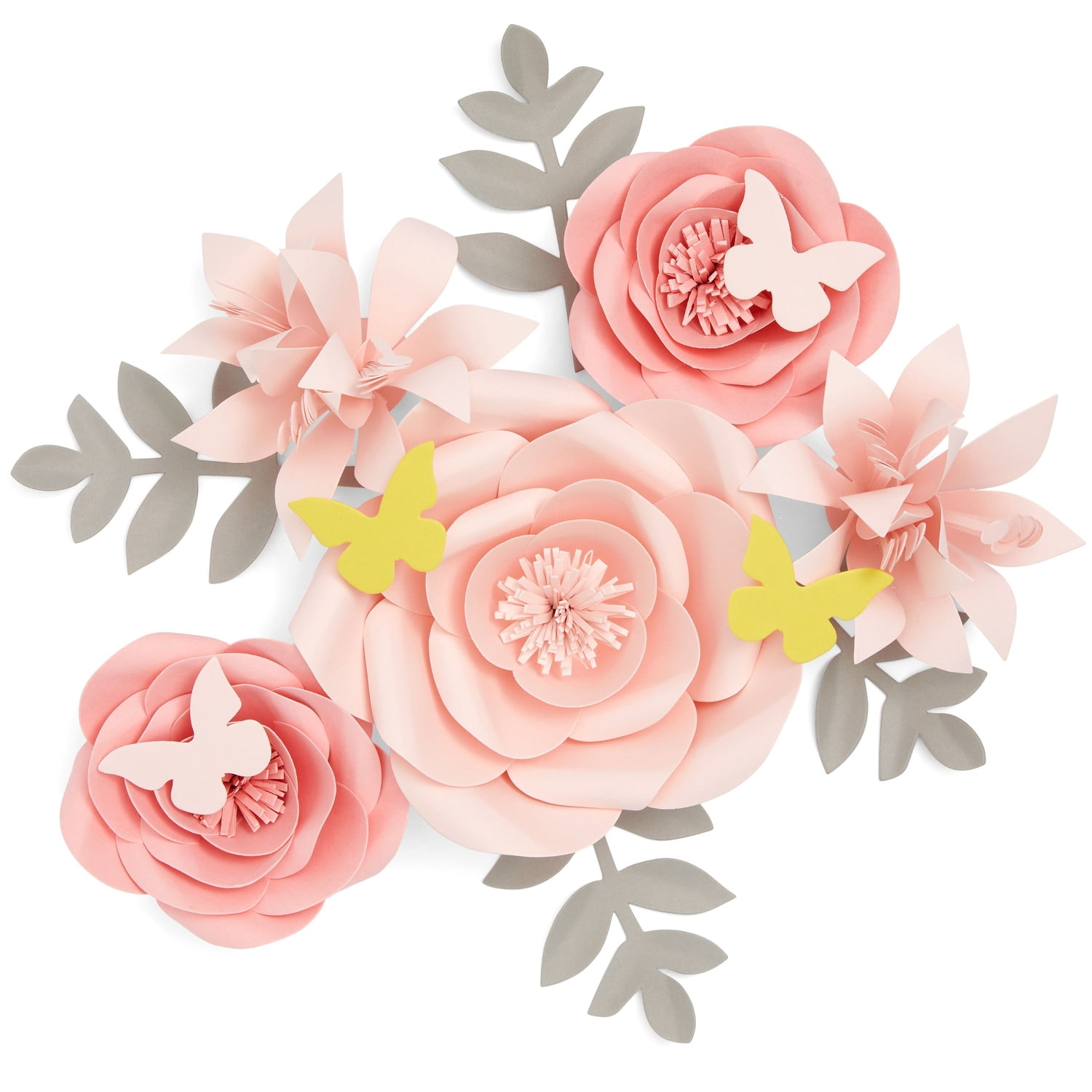 Farmlyn Creek 13 Pieces 3D Paper Flowers Decorations For Wall Decor, Pink Floral Ornamentation with Lilies, Butterflies, Quick and Easy-Install Elegant Flower Wall Decor for Home Improvement