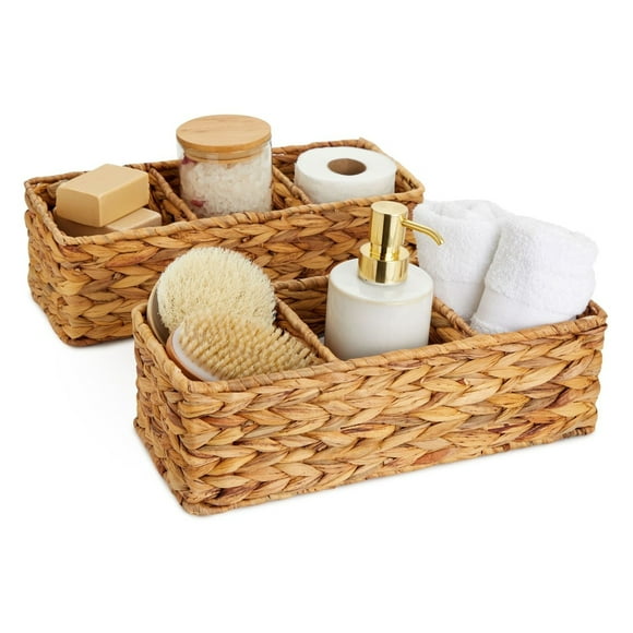 Farmlyn Creek 3-Section Wicker Baskets for Shelves, Water Hyacinth Storage Baskets for Bathroom Organizing, Toilet Paper Basket for Back of Toilet Tank Top, 2-Pack