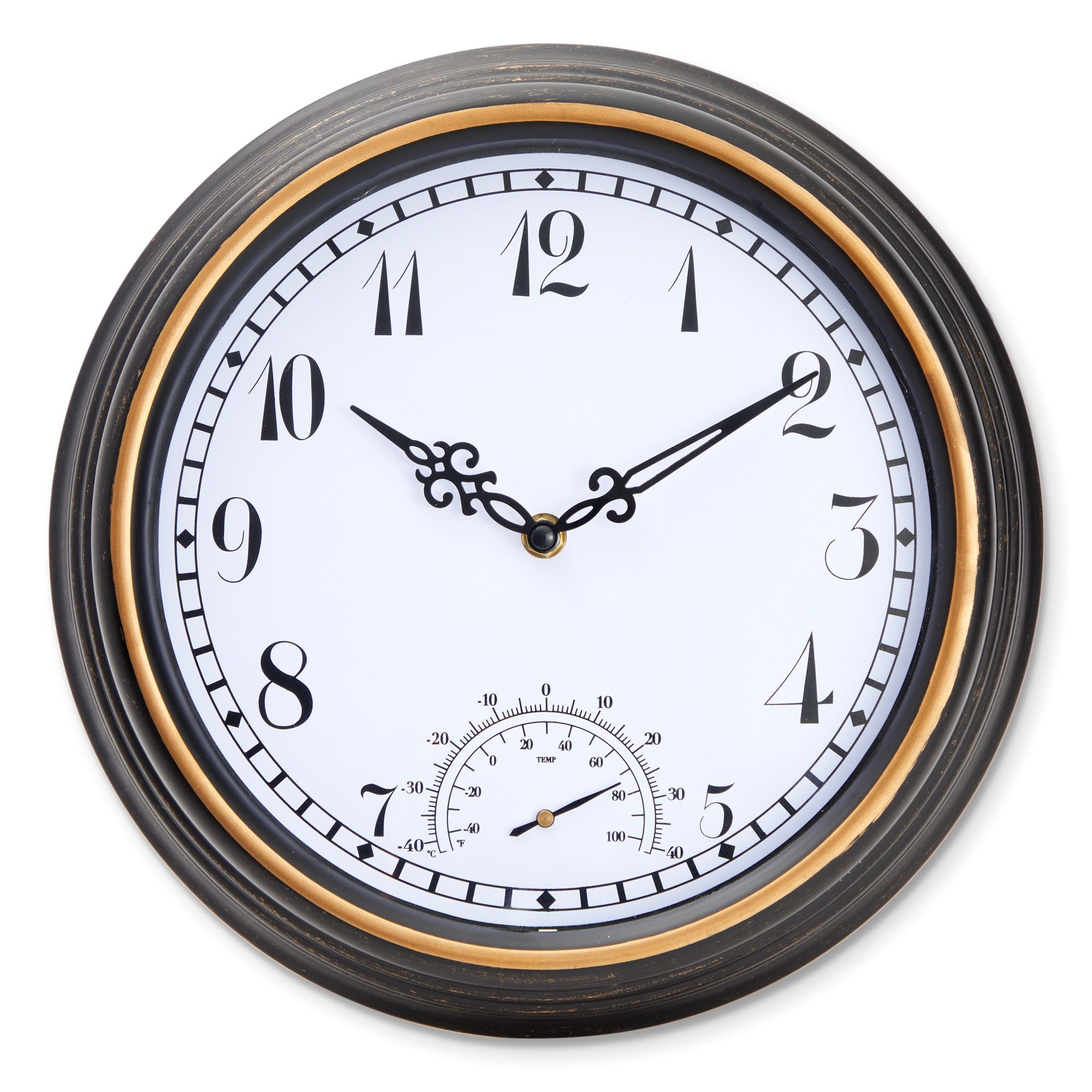 Farmlyn Creek Outdoor Clock and Temperature Gauge Thermometer for Patios, Pools (Black, 12 in