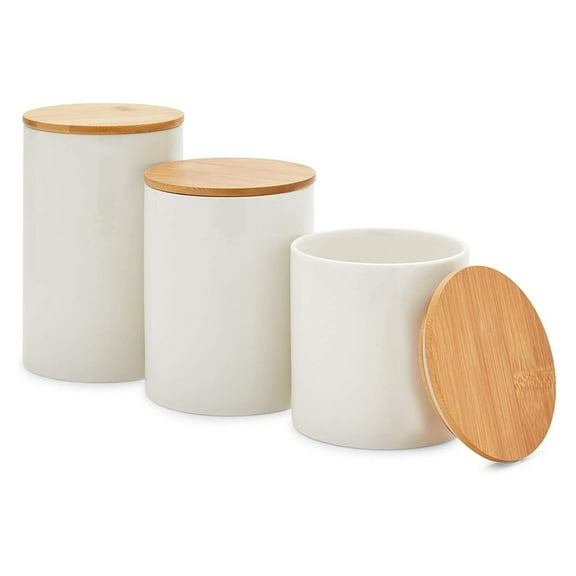 Farmlyn Creek White Ceramic Canisters - Coffee Canisters with Airtight Wood Lids - Countertop Coffee Tea Sugar Container Set - Flour & Sugar Storage Containers - 3 Pack, 4x4x5.9/4x4x4.9/4x4x3.9 in