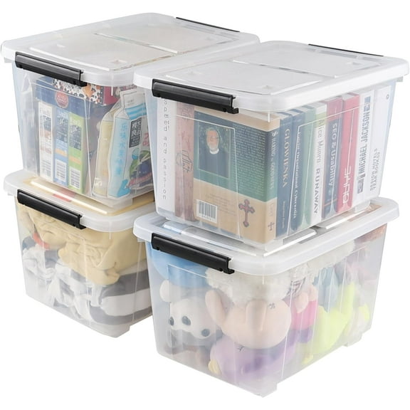 Farmoon 4 Pack 30 Quart Plastic Latching Storage Box Bin with Wheels, Clear