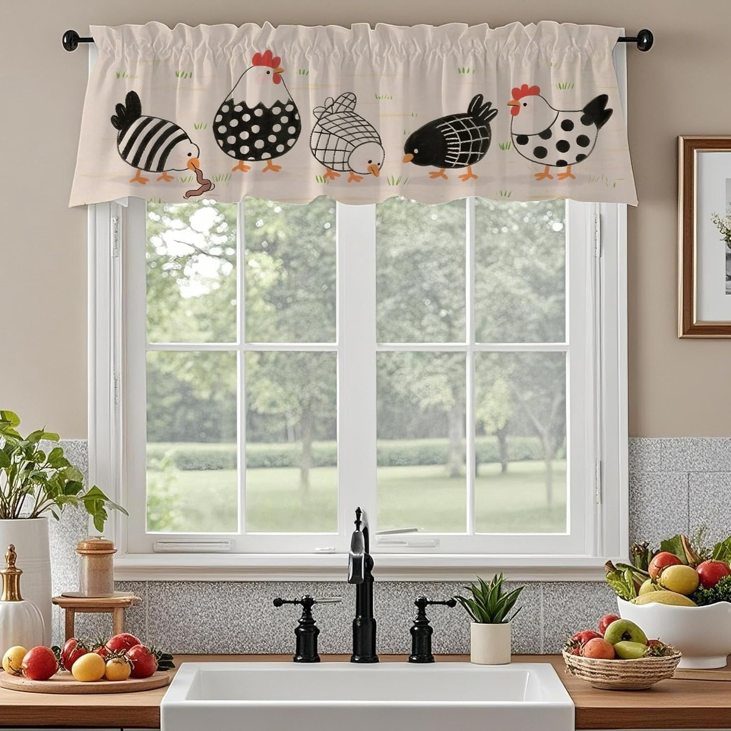 Farmouse Rooster Chicken Valance Kitchen Window Curtain Rustic Country