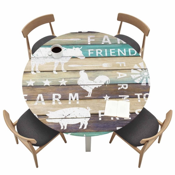 Farms Animals Round Fitted Tablecloth with Elastic Edge Country Cow Pig Chickens Blue Green Wood Grain Table Cover Fit for 36"-44" Tables Waterproof Tablecloths for Dinner Camping Picnic