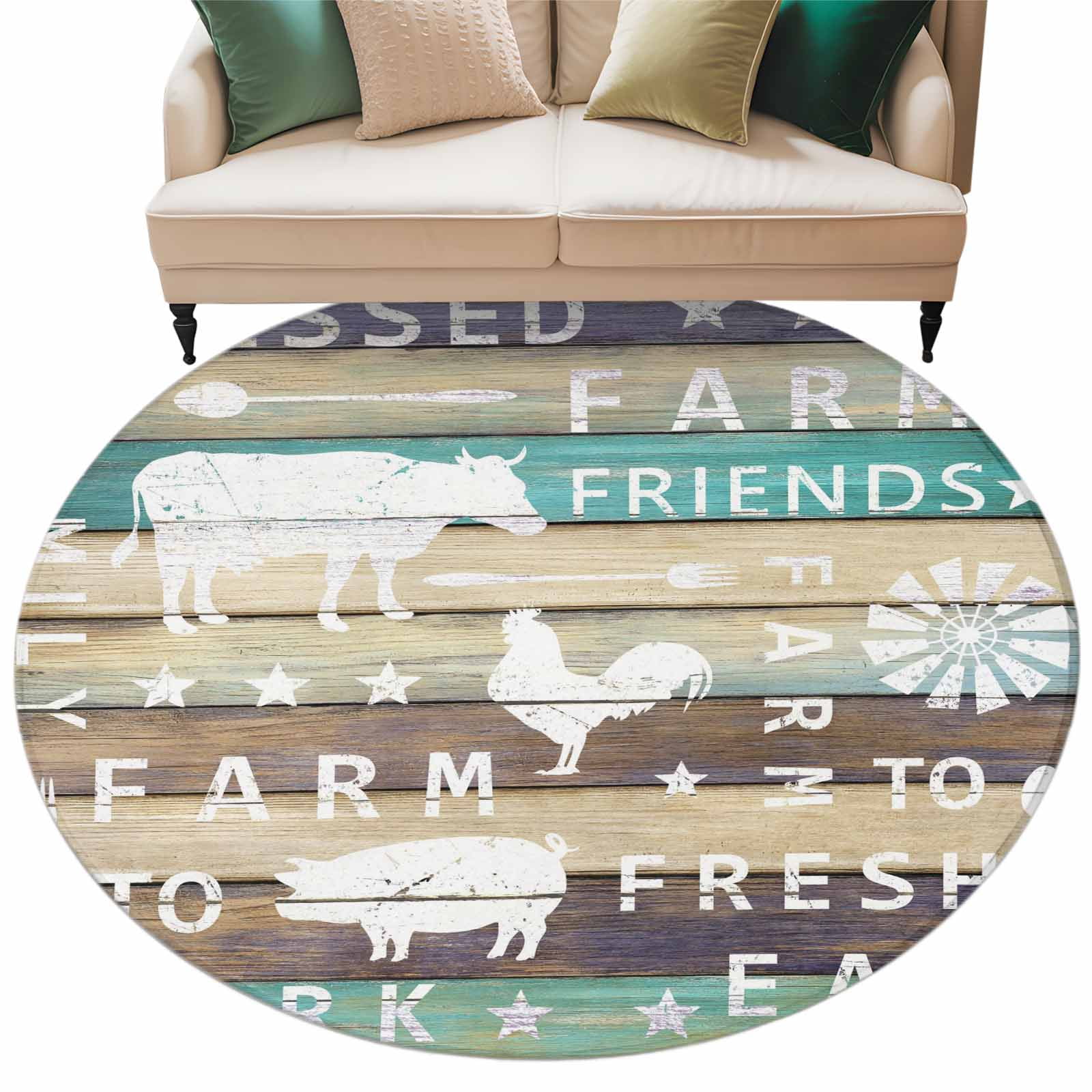 Farms Animals Washable Round Area Rug 5 ft, Country Cow Pig Chickens ...