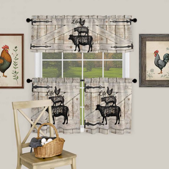 Farms Chickens Cows Pigs Curtain Tier and Valance Set 3 Piece, Vintage Barn Doors 3-inch Rod Pocket Window Tier Curtains Valance for Kitchen Living Room