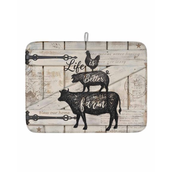 Farms Chickens Cows Pigs Dish Drying Mats for Kitchen Counter,Absorbent Microfiber Dish Drainer Rack Mat Vintage Barn Doors Drying Pad for Sinks,Utensils,Countertops,18x24in