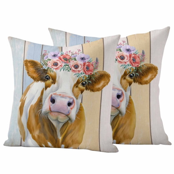 Farms Cow Pillow Covers 2 Pack Red Pink Purple Flowers Wooden Stripes Animal Pillowcase Waterproof Outdoor Throw Pillow Cover for Patio Garden Square Cushion 18”x18”