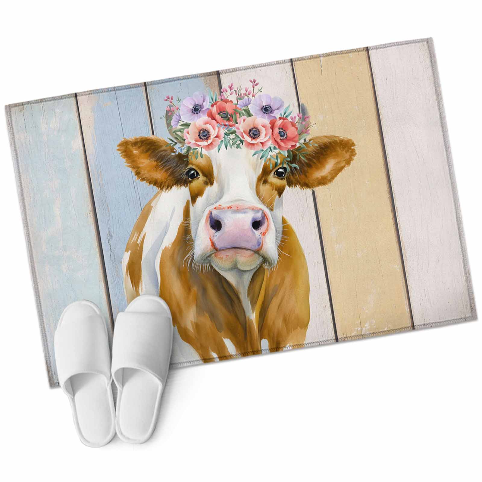 Farms Cow Washable Area Rug 2 x 3 ft Red Pink Purple Flowers Wooden ...
