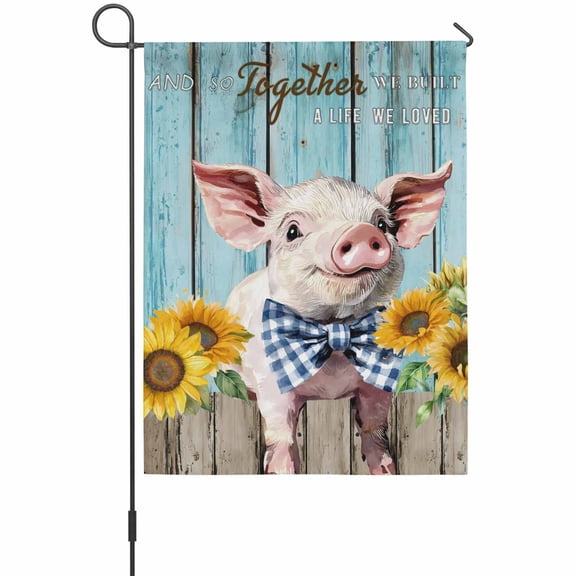 Farms Cute Pigs Garden Flag 12 x 18 Inches, Sunflower Blue Wood Striped Oil Painting Weather Proof Outdoor Patio Flags Double Sided Small Garden Decoration for Yard Outside Home